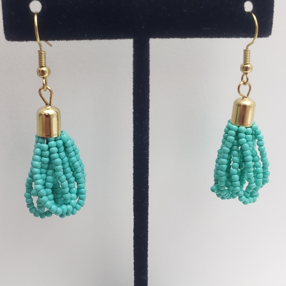 New Turquoise Seed Bead Drop/Dangle French Wire 18k Gold Plated - Picture 4 of 4